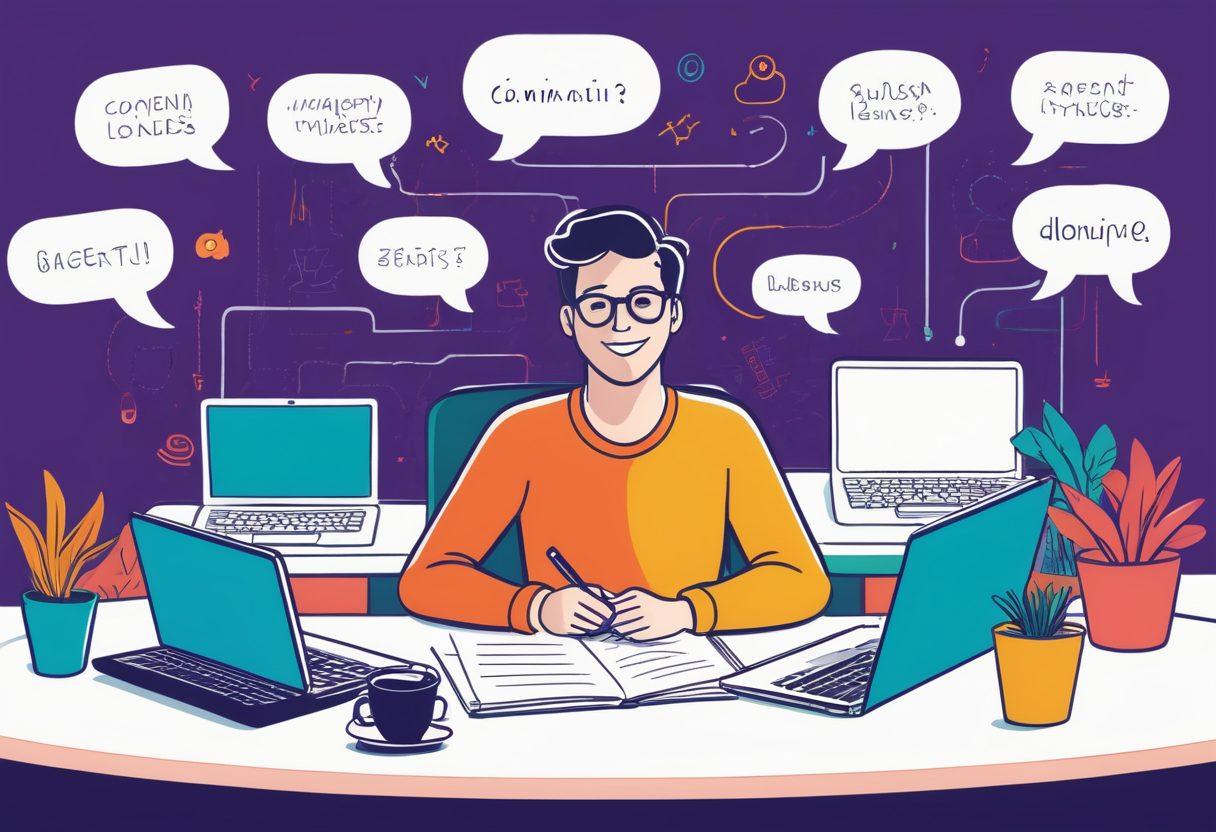 A vibrant illustration of a person sitting at a desk surrounded by open notebooks and laptops, eagerly writing and sharing ideas. The background is filled with diverse bloggers exchanging thoughts and smiling, symbolizing community support. Include elements like speech bubbles and flowing lines connecting the characters to represent communication. The atmosphere should be energetic and inspiring. bright colors. vector art.