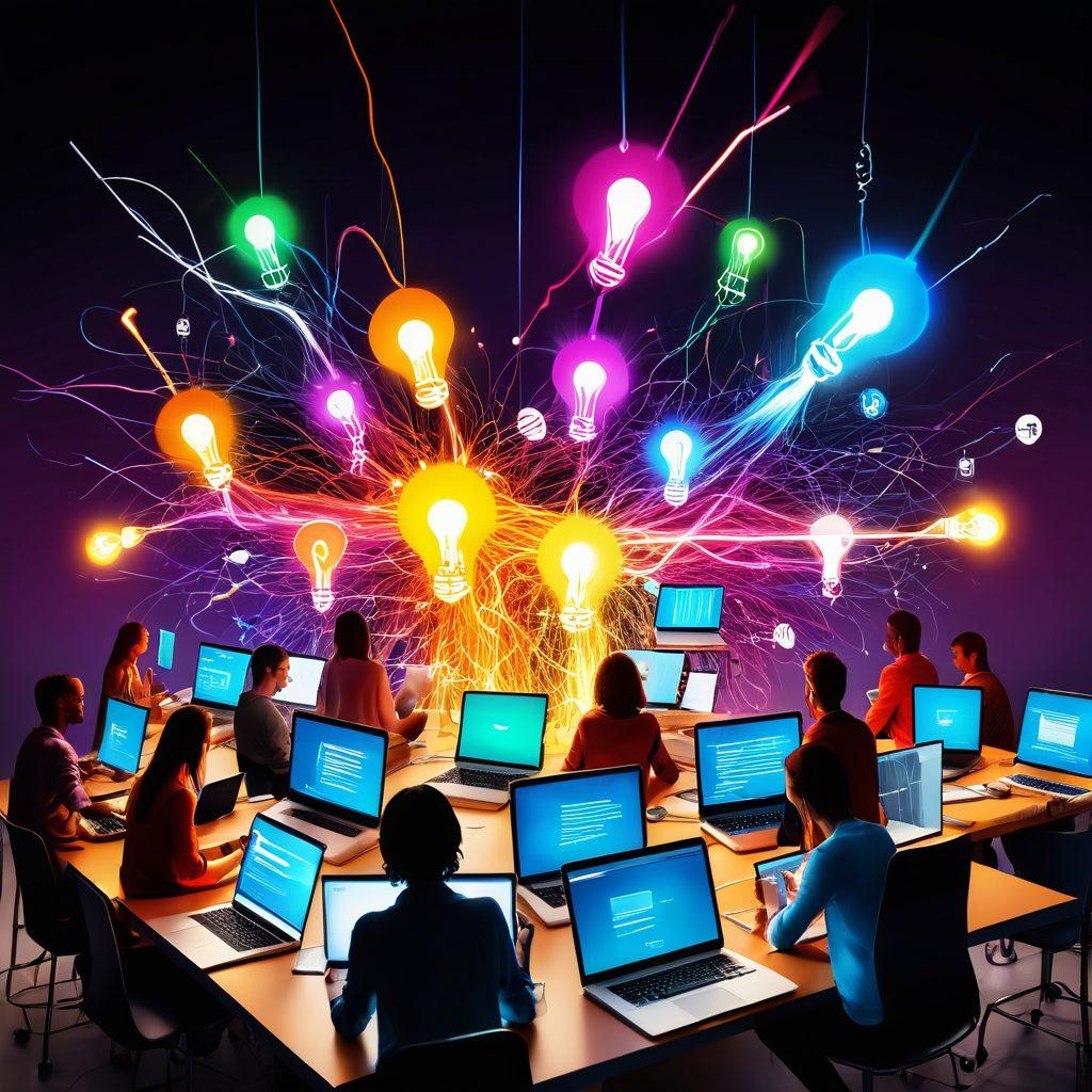 A digital landscape filled with various blogging elements like laptops, notes, and lightbulbs, symbolizing creativity and online engagement. The scene should depict a diverse group of people interacting with their devices, showcasing collaboration and knowledge exchange. Bright colors to evoke energy and inspiration, with light streaks illustrating the flow of ideas across a connected network. super-realistic. vibrant colors. modern digital art.